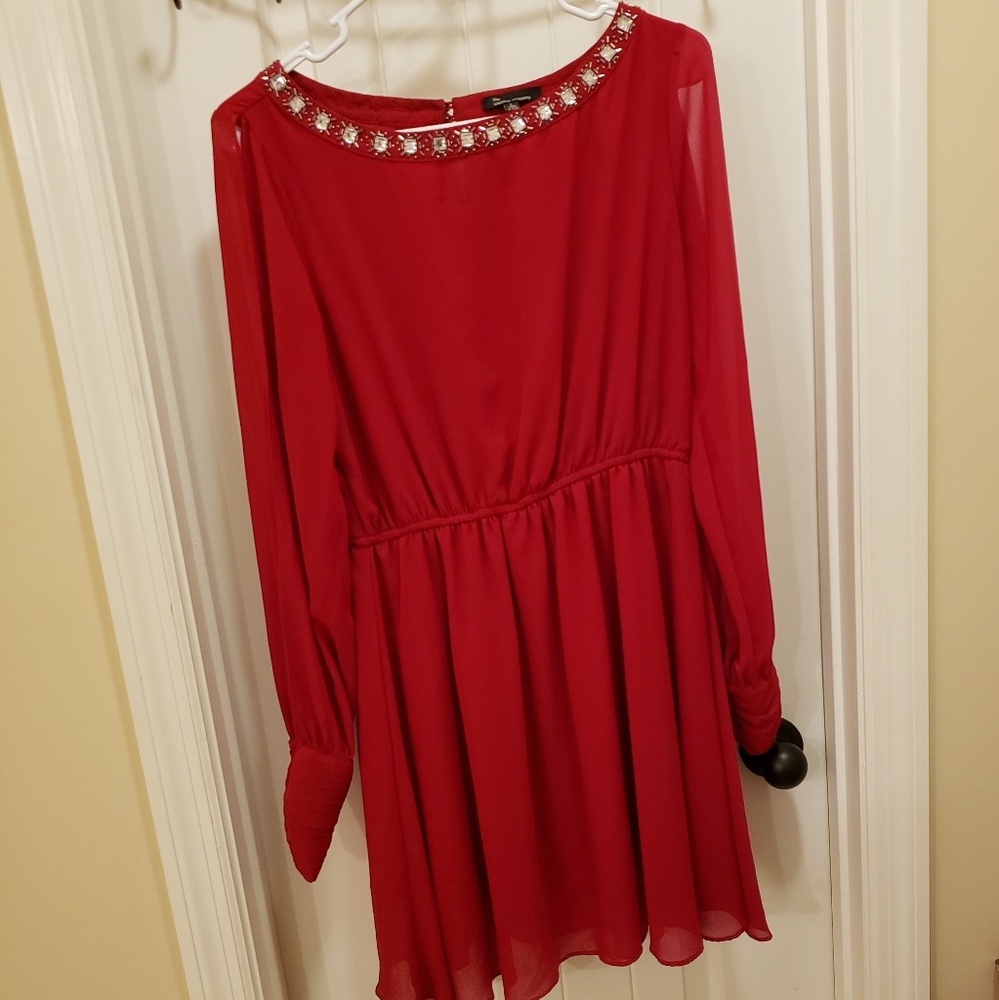 Crimson Red A-line Dress slit sleeves Rhinestone